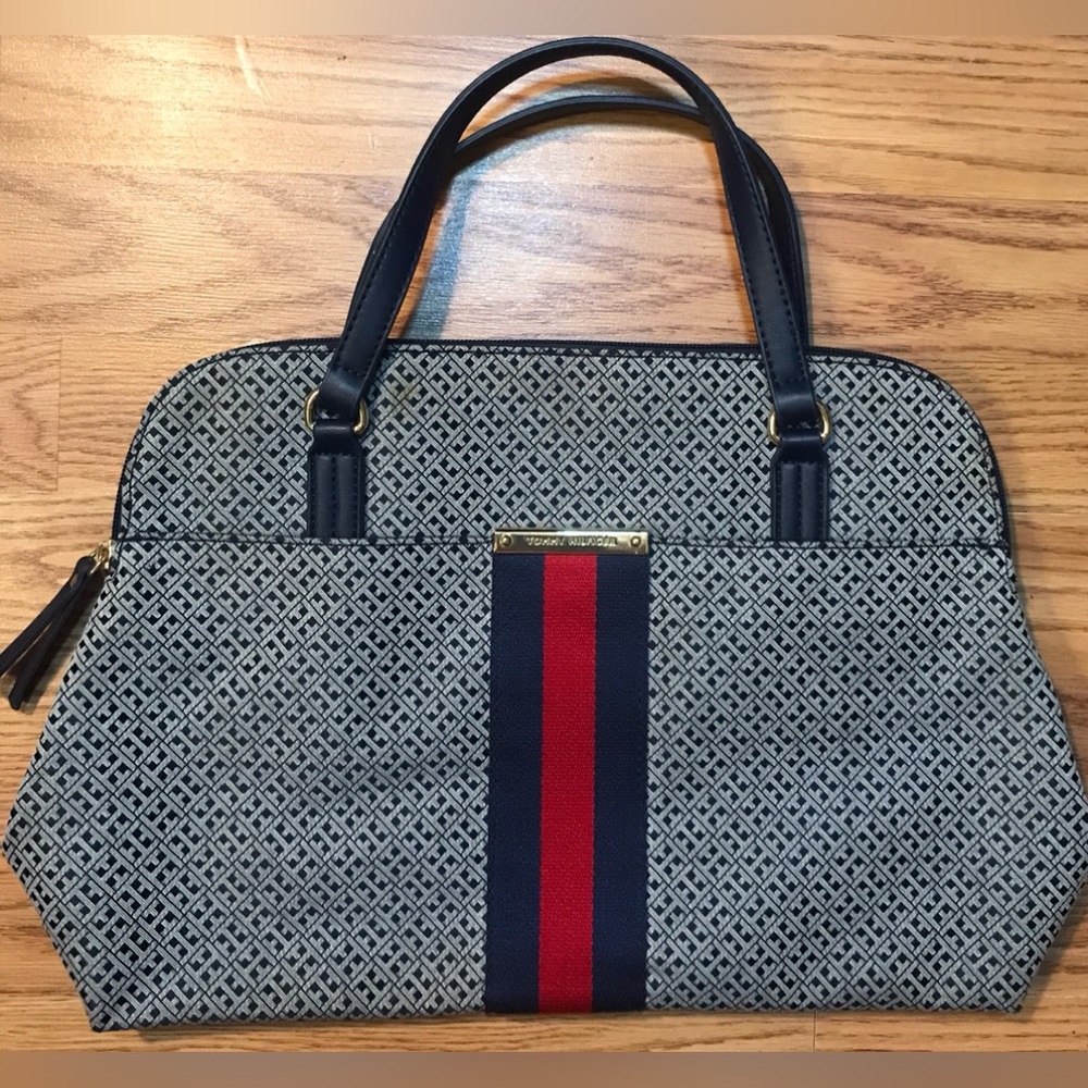 Tommy Hilfiger Retro Canvas Handbag Purse Signature Blue & White Check w Stripe